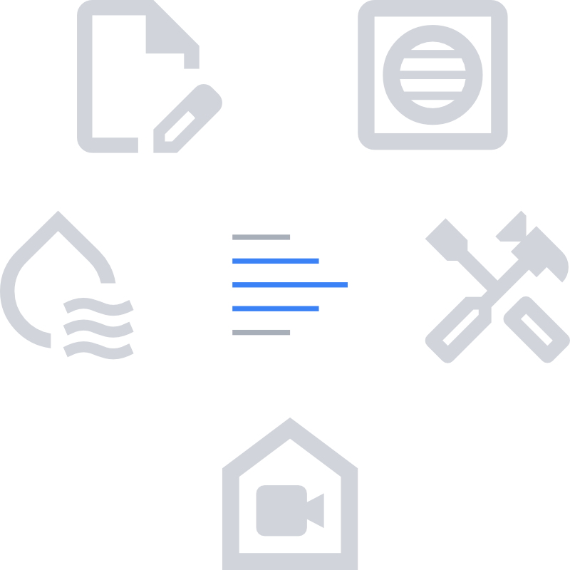 Ikony usług: protokół skuteczności wentylacji, regulacja wentylacji, pomiar jakości powietrza, badanie kamerą termowizyjną